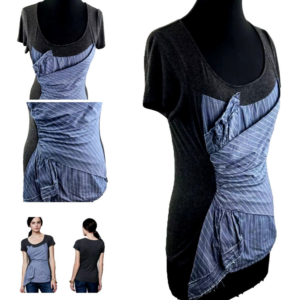 Y2k Anthropologie OS One September top S Twist tee Layer Gray Blue Stripe Pleats